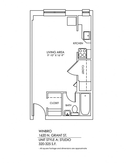 A floor plan of a studio apartment with a living area, kitchen, and bathroom.